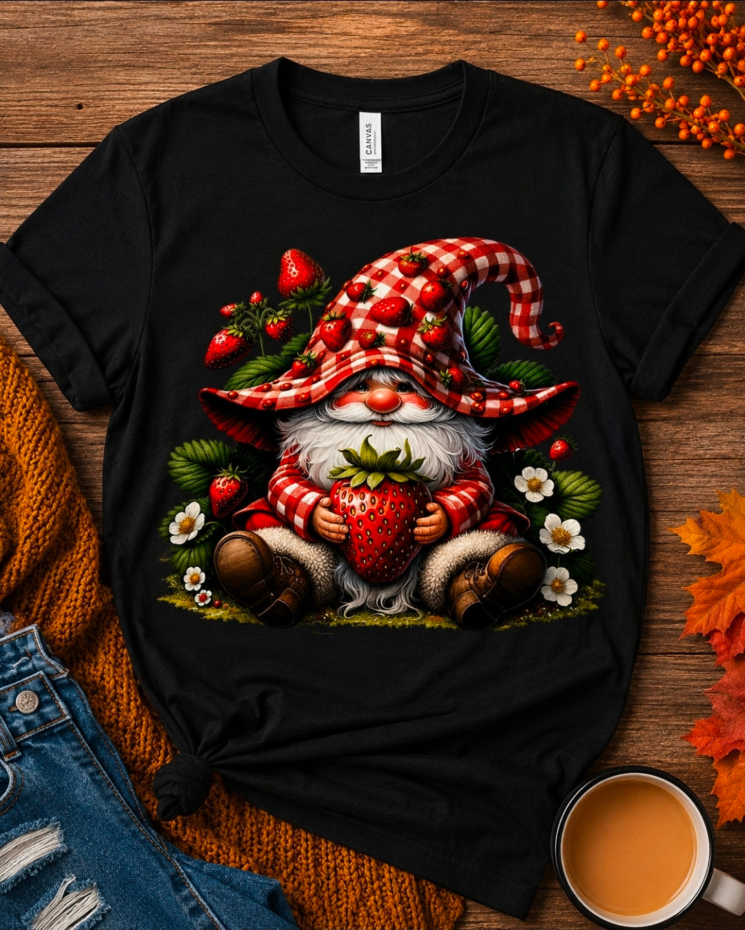 Strawberry Plaid Gnome Tee Shirt