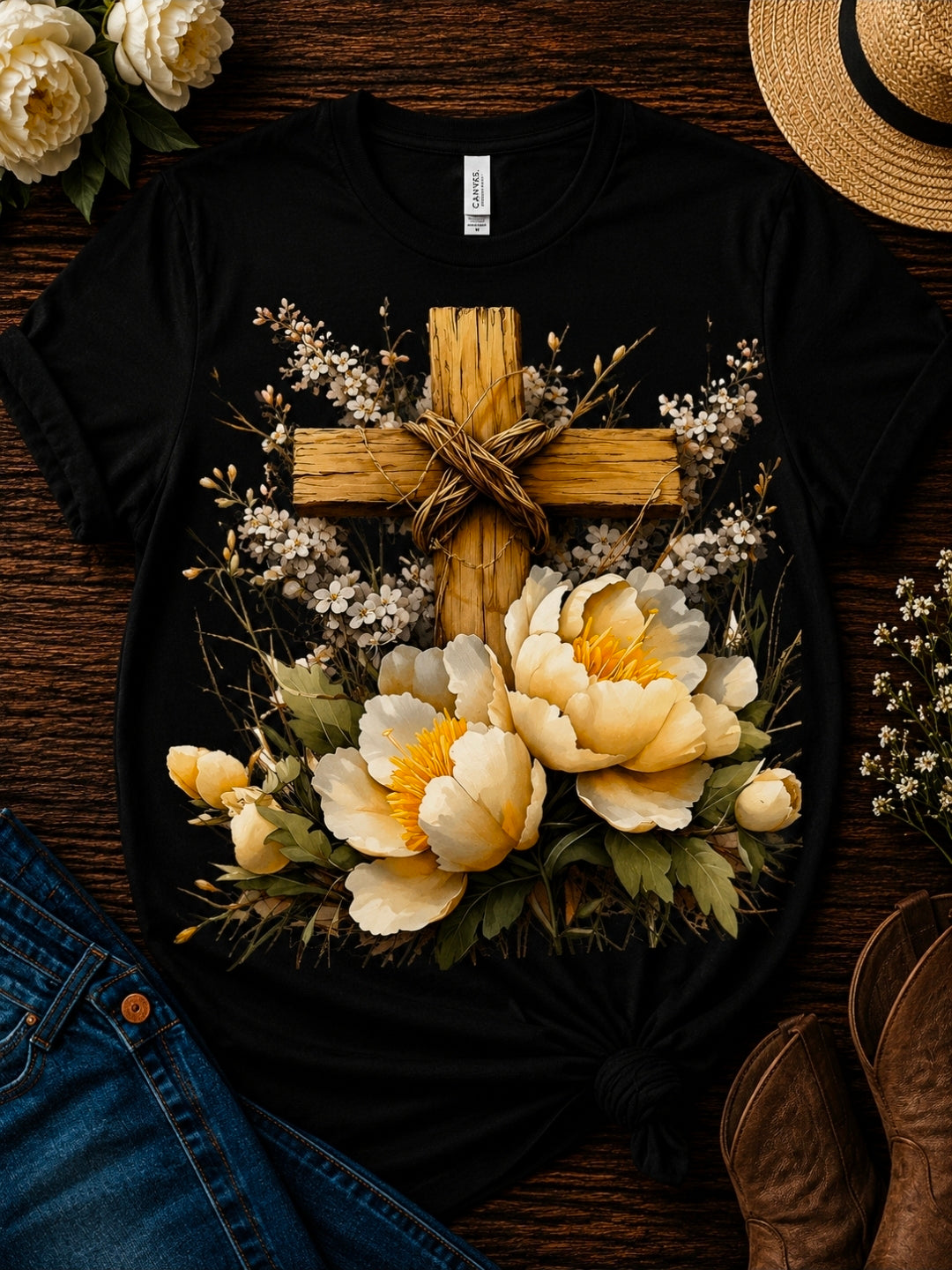 White Flower and Cross Tee Shirt