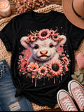 White highland cow with pink flowers
